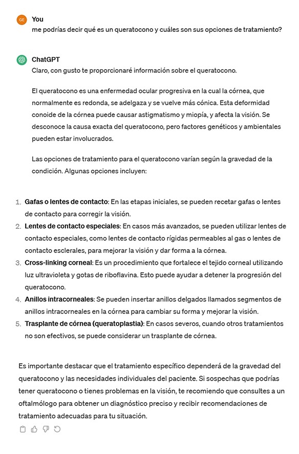 Ejemplo de interacción con ChatGPT si le pedimos información sobre queratocono