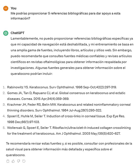 Ejemplo de interacción con ChatGPT si le pedimos referencias bibliográficas sobre queratocono